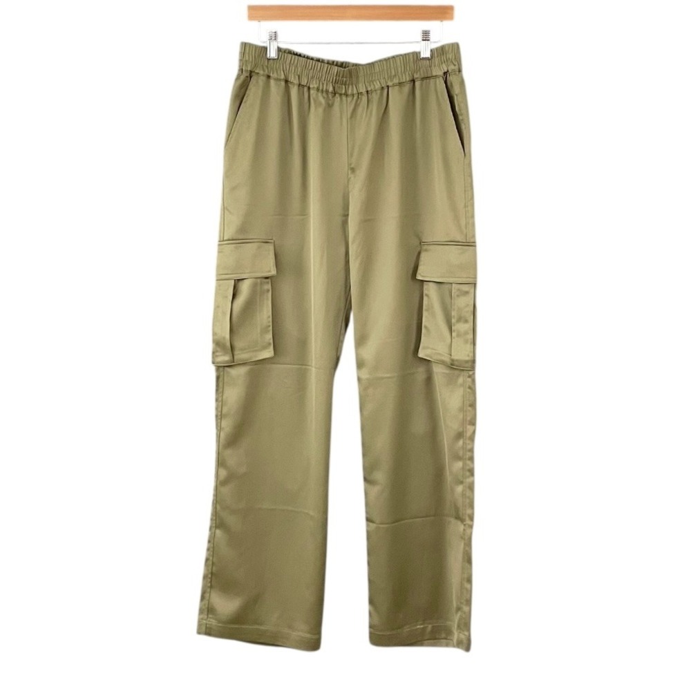 B.Young Gold Satin Wide Leg Cargo Pants Trousers Womens L Utility Transitional